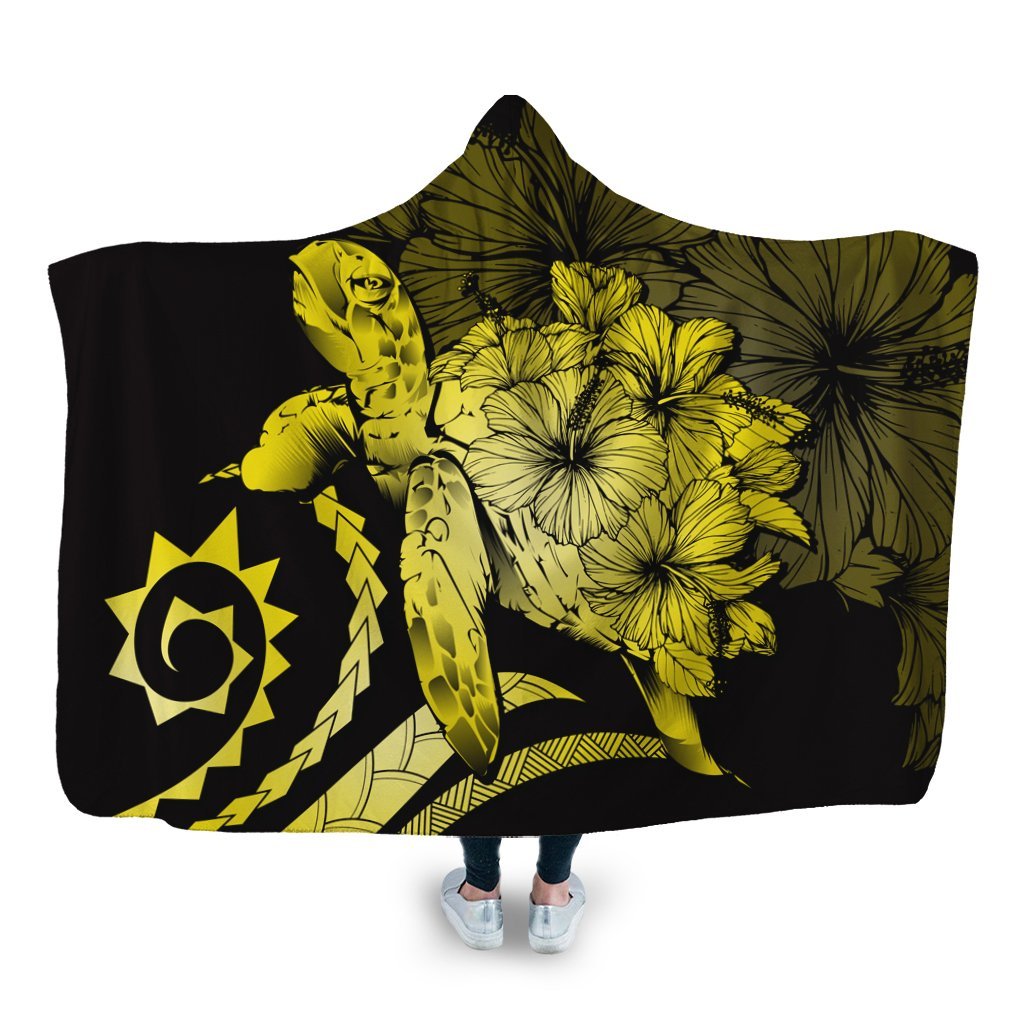 Hawaiian - Hawaii Turtle Hibiscus Polynesian Vintage Hooded Blanket - Yellow - AH Hooded Blanket White - Polynesian Pride