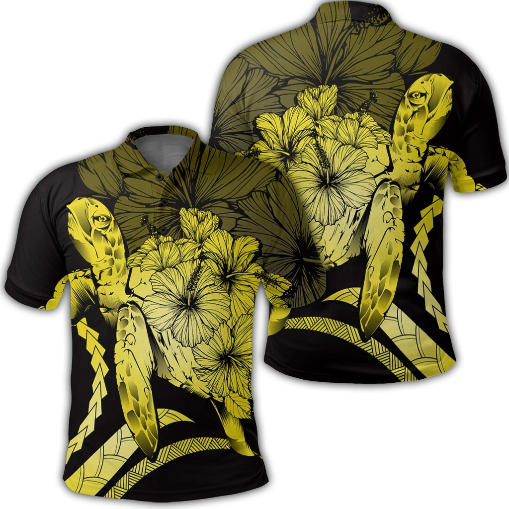 Hawaiian Hawaii Turtle Hibiscus Polynesian Vintage Polo Shirt Yellow Unisex Black - Polynesian Pride