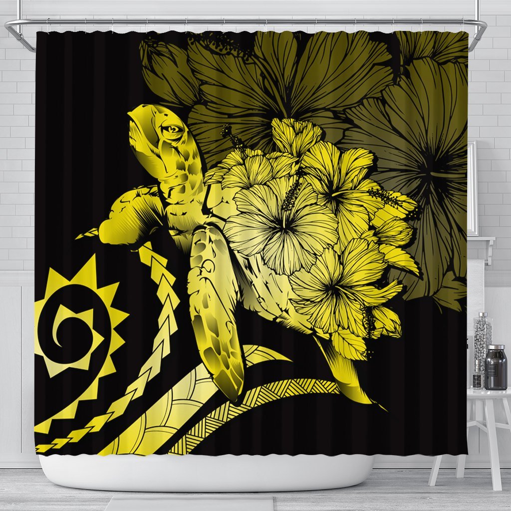 Hawaiian - Hawaii Turtle Hibiscus Polynesian Vintage Shower Curtain - Yellow - AH 177 x 172 (cm) Black - Polynesian Pride