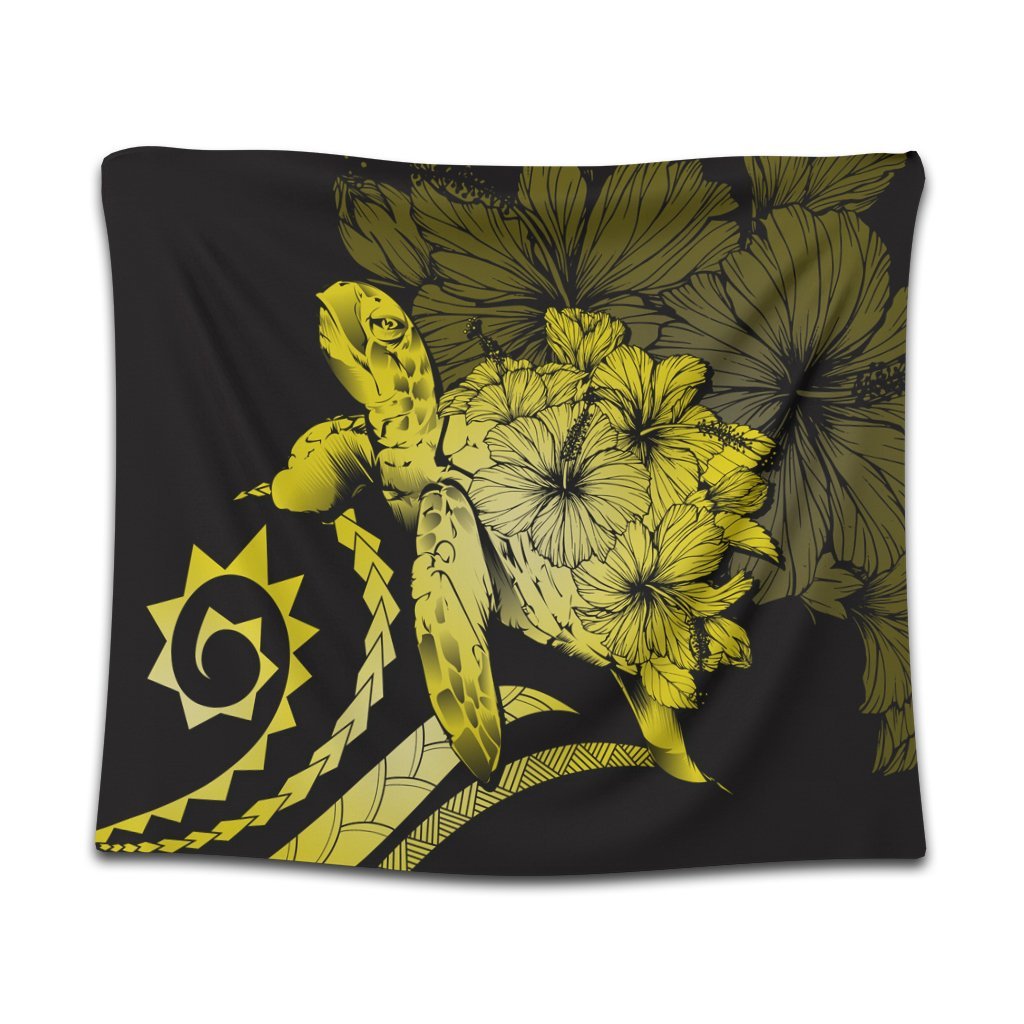 Hawaiian - Hawaii Turtle Hibiscus Polynesian Vintage Tapestry - Yellow - AH Wall Tapestry Black - Polynesian Pride