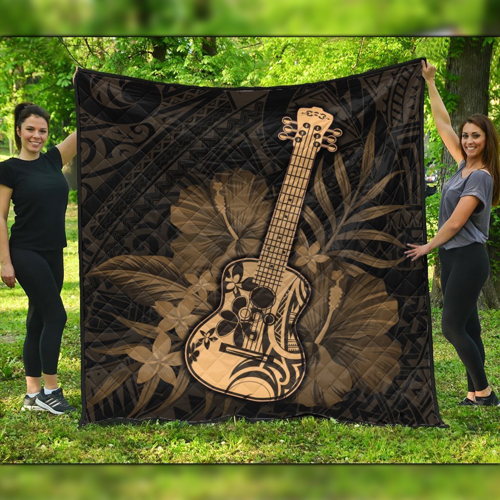 Hawaiian - Hawaii Ukulele Flower Premium Quilts - Gold - AH Black - Polynesian Pride