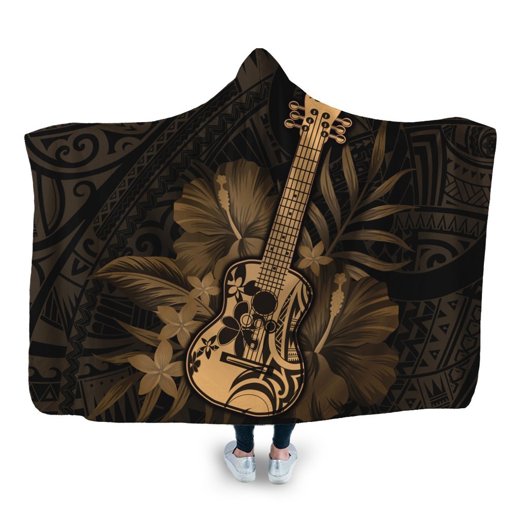 Hawaiian - Hawaii Ukulele Flower Hooded Blanket - Gold - AH Hooded Blanket White - Polynesian Pride