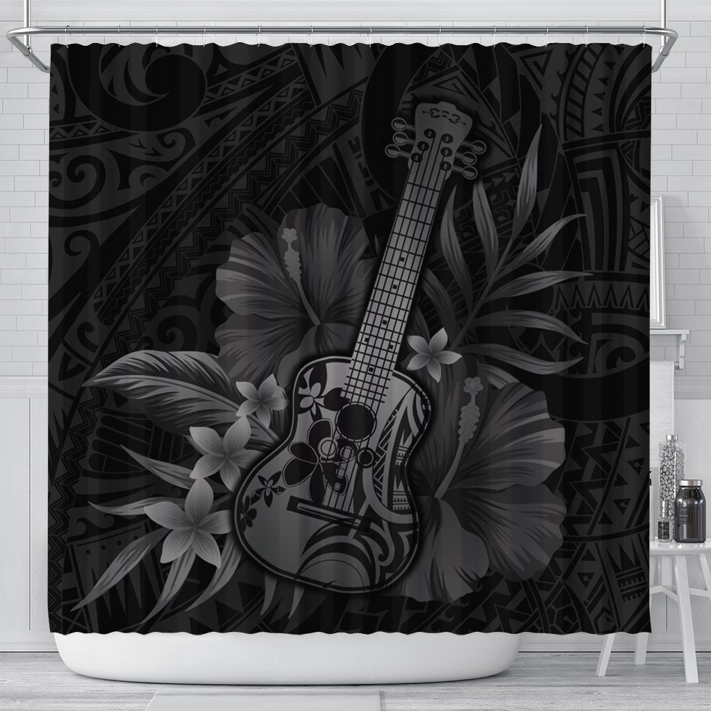 Hawaiian - Hawaii Ukulele Flower Shower Curtain - Gray - AH 177 x 172 (cm) Black - Polynesian Pride