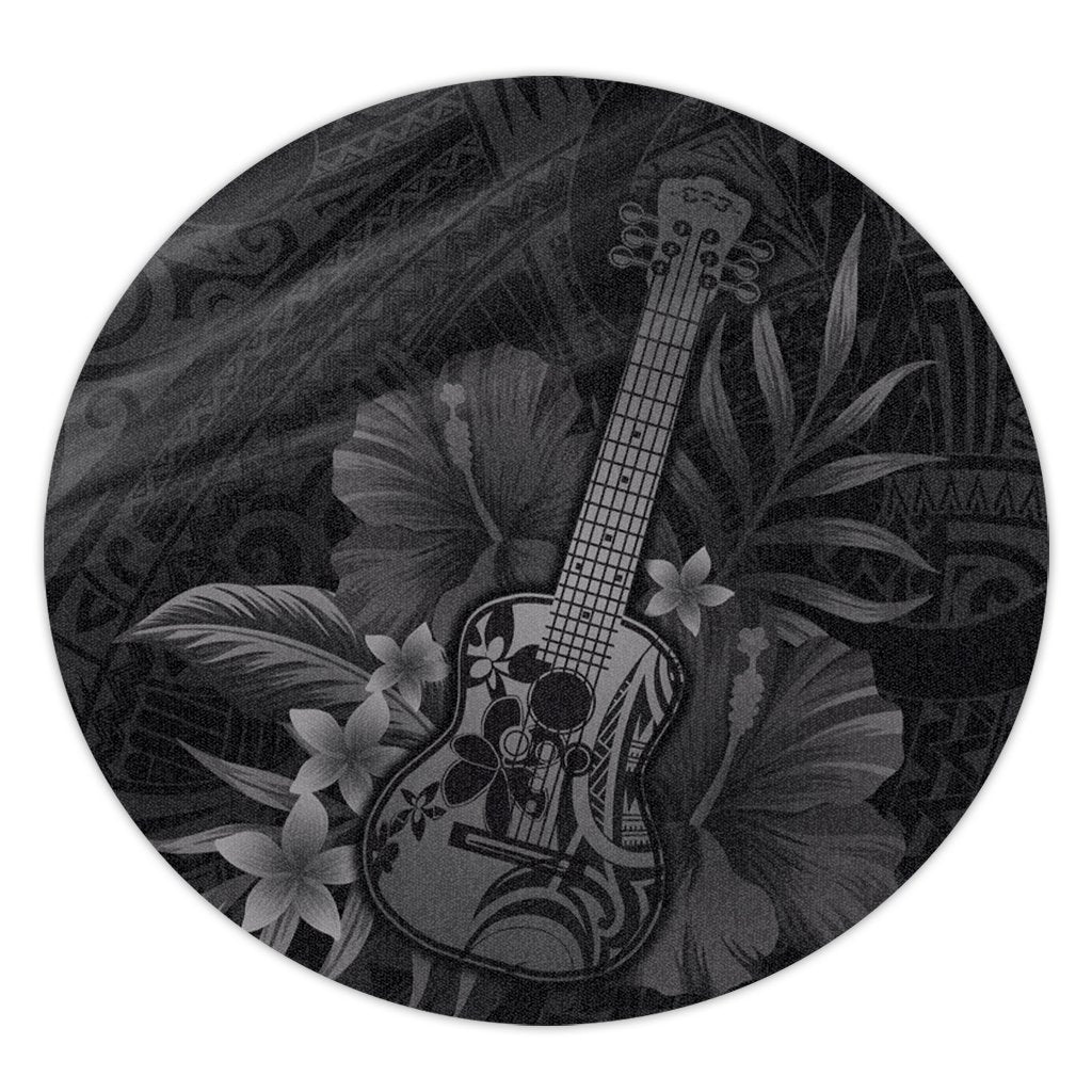 Hawaiian - Hawaii Ukulele Flower Round Carpet - Gray - AH Round Carpet Luxurious Plush - Polynesian Pride