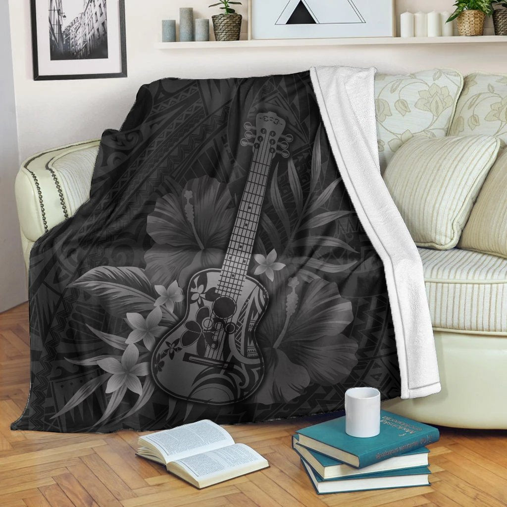 Hawaii Blanket - Hawaii Ukulele Flower Premium Blankets - Gray - AH White - Polynesian Pride