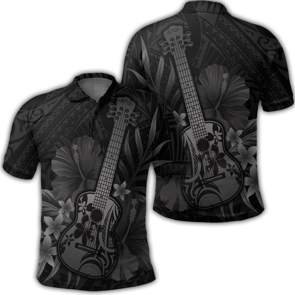 Hawaiian Hawaii Ukulele Flower Polo Shirt Gray Unisex Black - Polynesian Pride