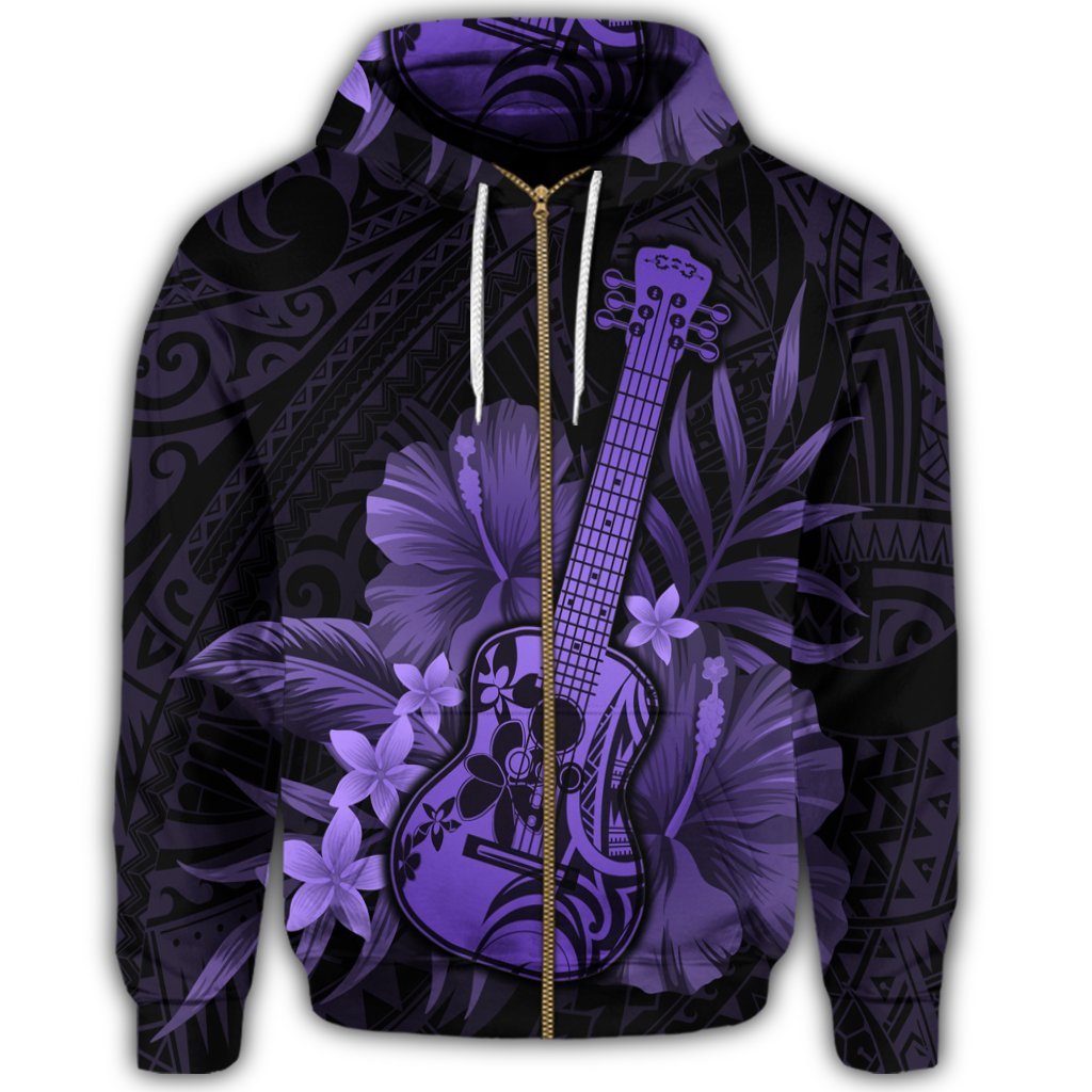 Hawaiian Hawaii Ukulele Flower Zip Hoodie Purple - Polynesian Pride