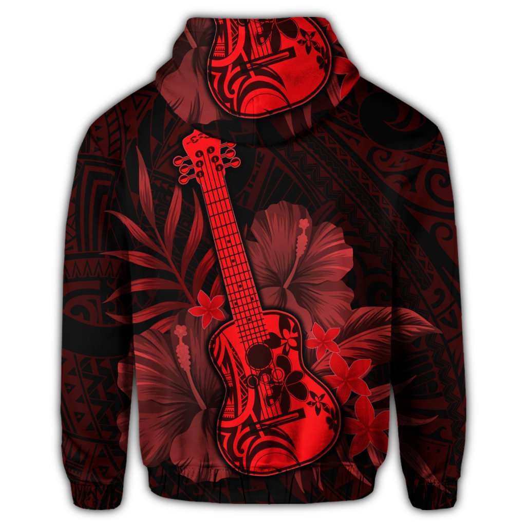 Hawaiian Hawaii Ukulele Flower Zip Hoodie Red - Polynesian Pride