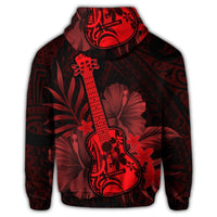 Hawaiian Hawaii Ukulele Flower Zip Hoodie Red - Polynesian Pride