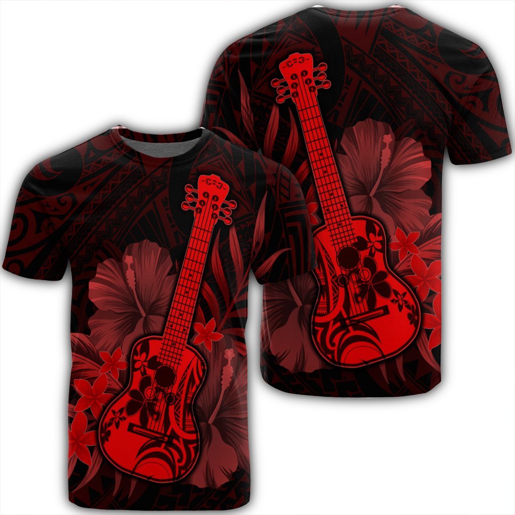 Hawaiian Hawaii Ukulele Flower T Shirt Red Unisex Black - Polynesian Pride