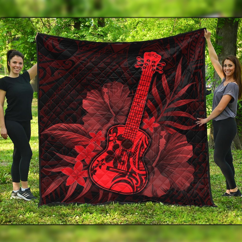 Hawaiian - Hawaii Ukulele Flower Premium Quilts - Red - AH Black - Polynesian Pride