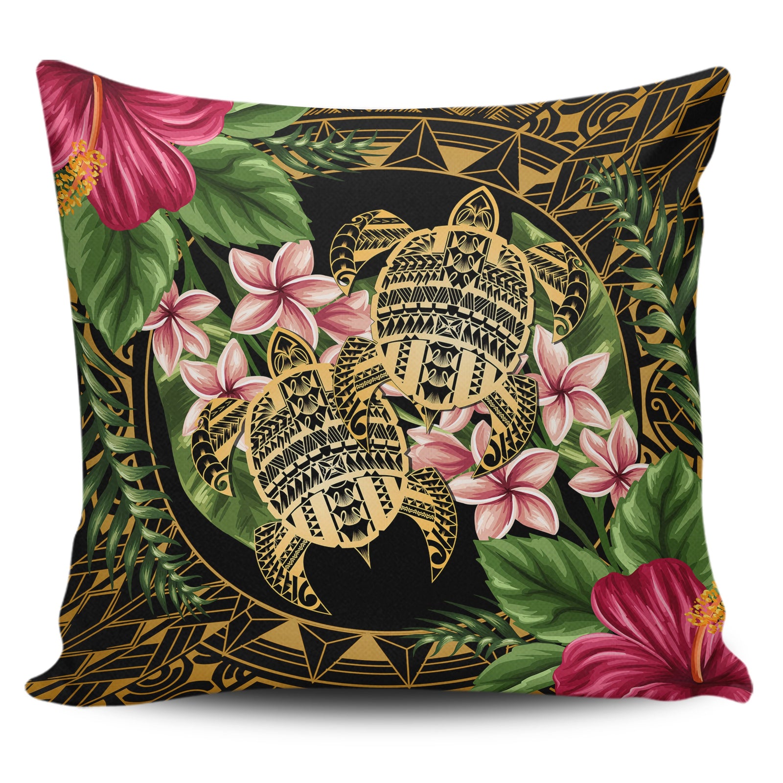 hawaiiPillow Case - Turtle Strong Pattern Hibiscus Plumeria Art AH One Style Zippered Pillow Case 18"x18"(Twin Sides) Black - Polynesian Pride