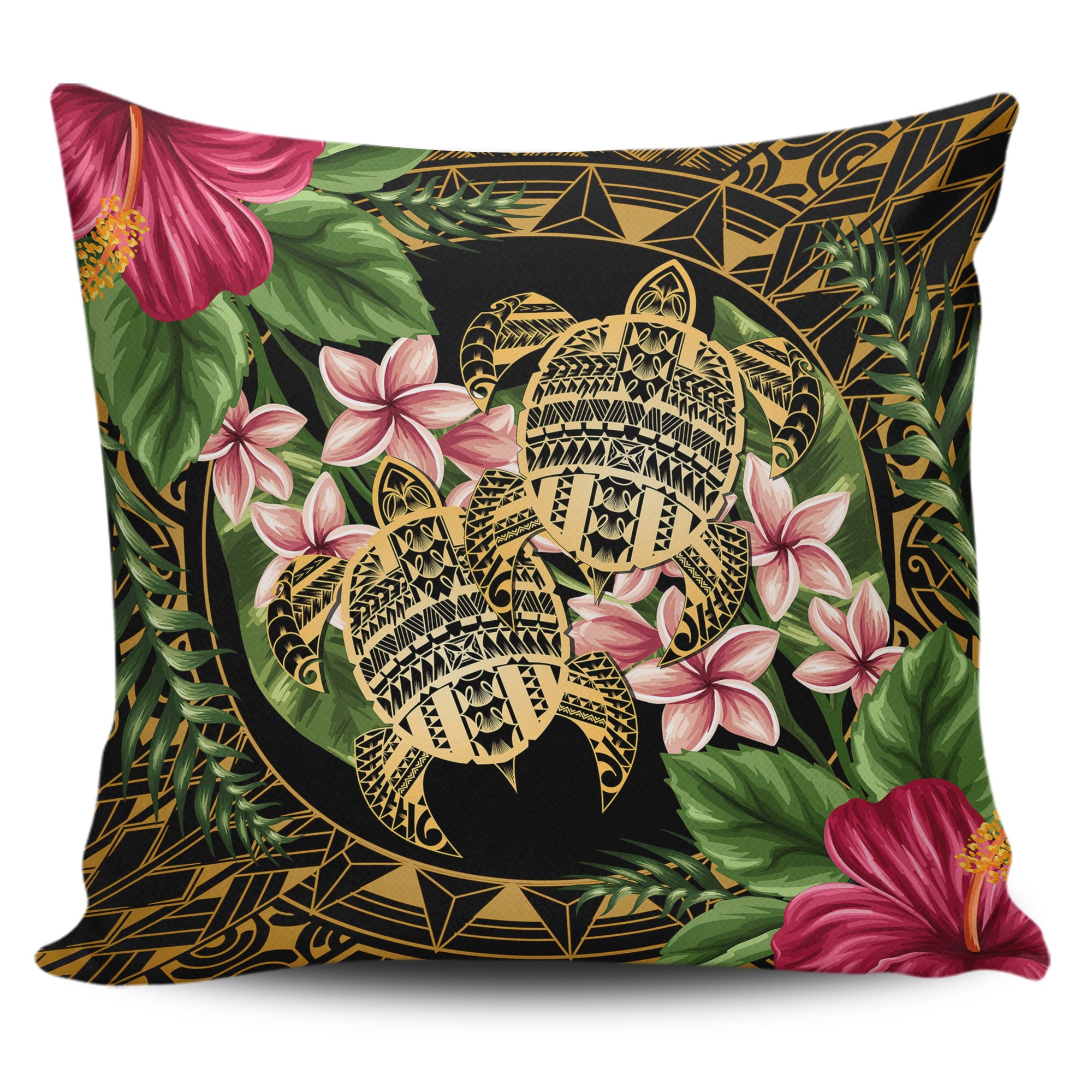 hawaiiPillow Case - Turtle Strong Pattern Hibiscus Plumeria Art AH One Style Zippered Pillow Case 18"x18"(Twin Sides) Black - Polynesian Pride