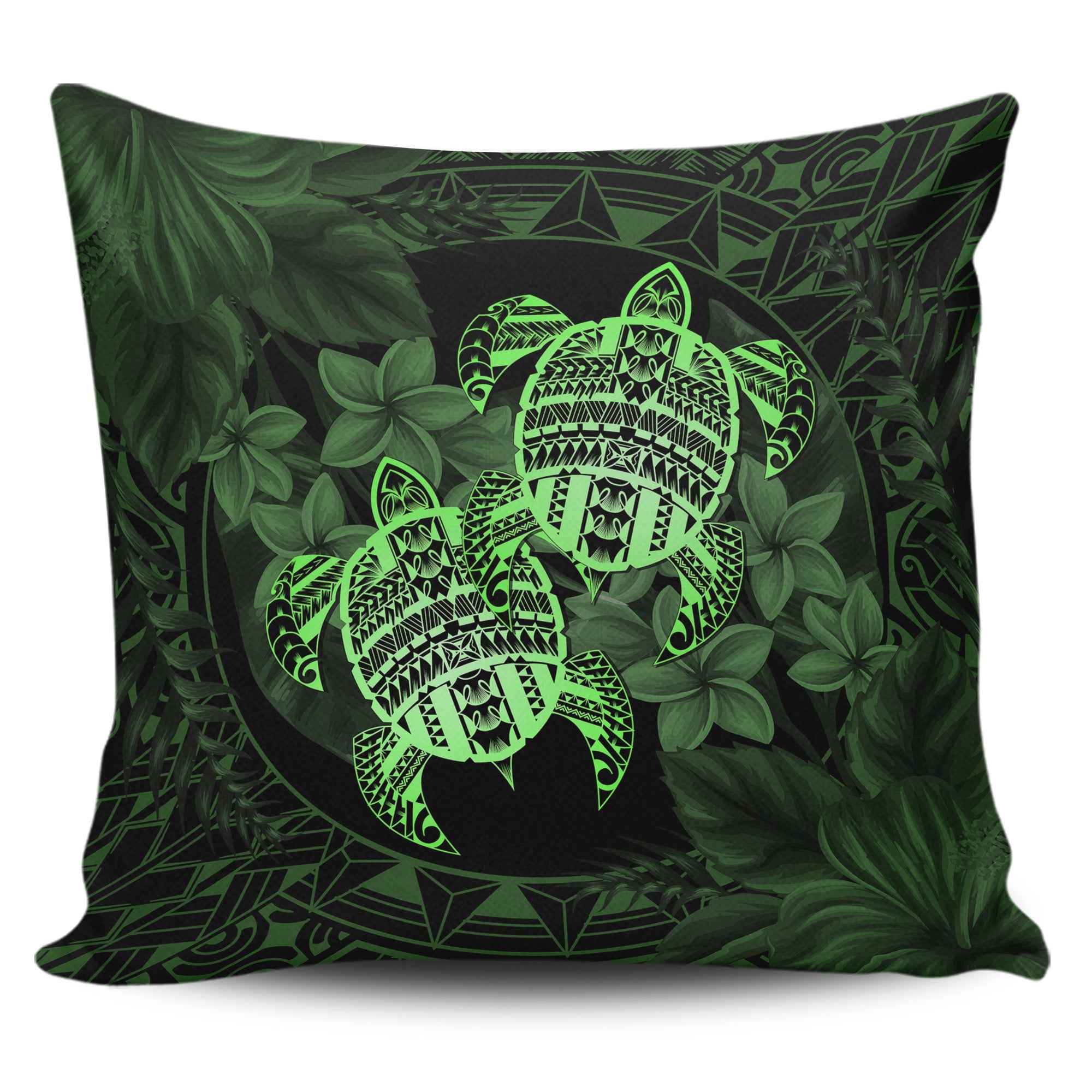 hawaiiPillow Case - Turtle Strong Pattern Hibiscus Plumeria Green AH One Style Zippered Pillow Case 18"x18"(Twin Sides) Green - Polynesian Pride