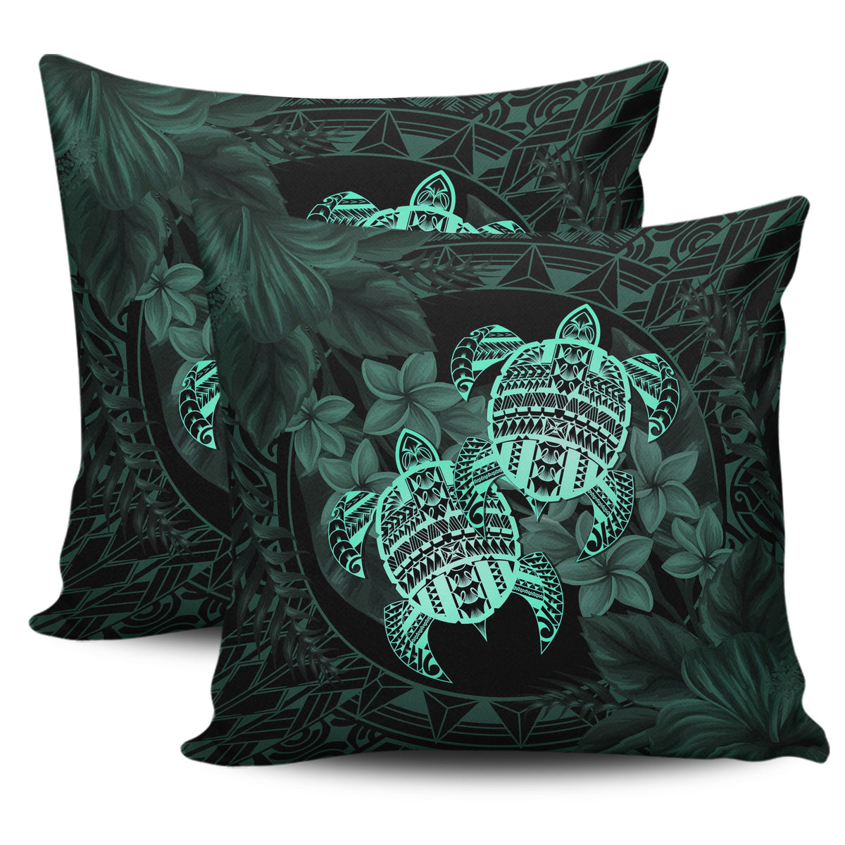 hawaiiPillow Case - Turtle Strong Pattern Hibiscus Plumeria Turquoise AH One Style Zippered Pillow Cases 18"x 18" (Twin Sides) (Set of 2) Turquoise - Polynesian Pride