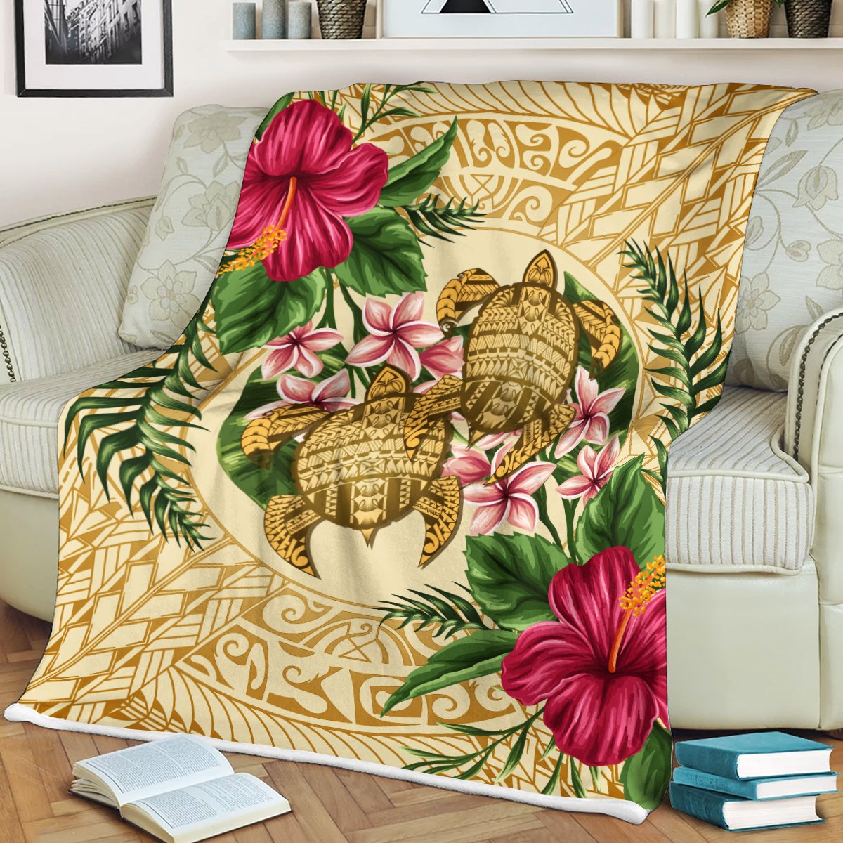 Hawaii Premium Blanket - Turtle Strong Pattern Hibiscus Plumeria AH White - Polynesian Pride