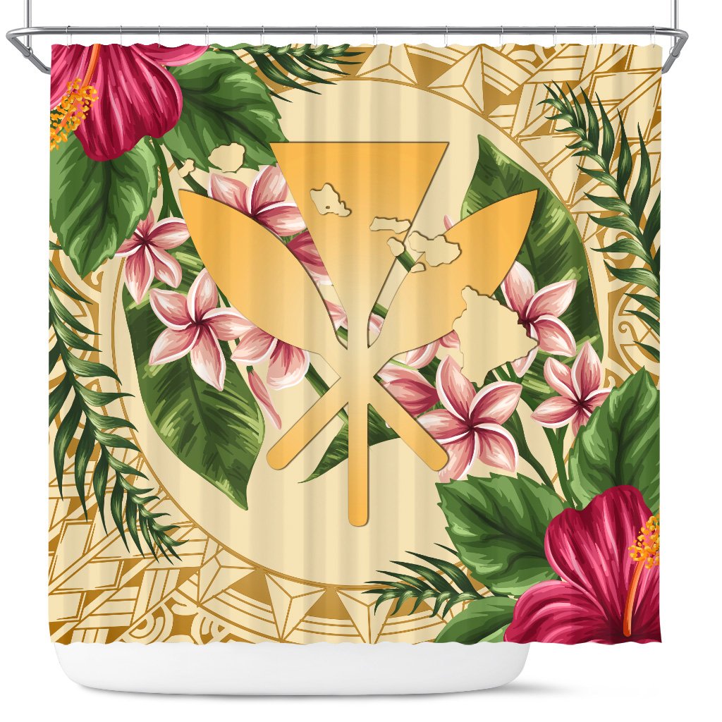 hawaiiShower Curtain - Kanaka Maoli Shower Curtain Strong Pattern Hibiscus Plumeria AH 177 x 172 (cm) Gold - Polynesian Pride