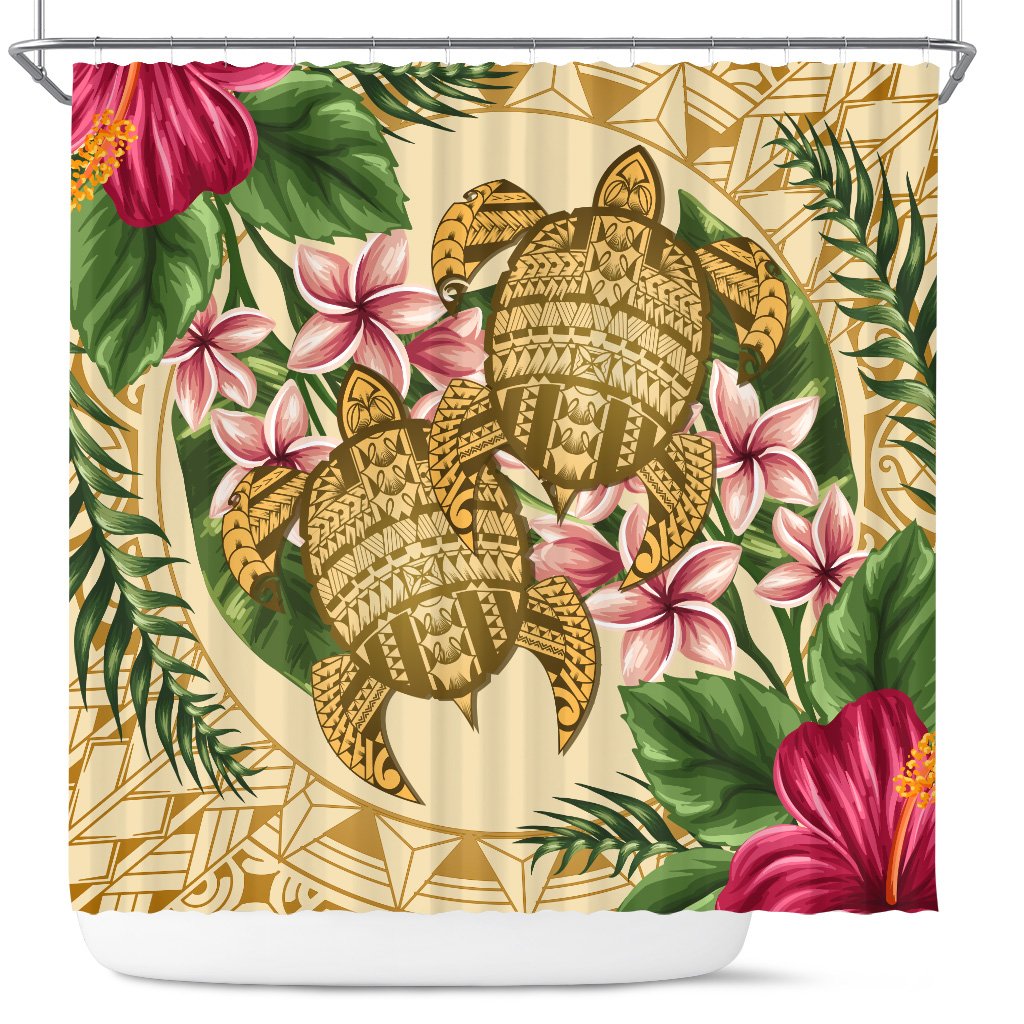 hawaiiShower Curtain - Turtle Strong Pattern Hibiscus Plumeria AH 177 x 172 (cm) Black - Polynesian Pride