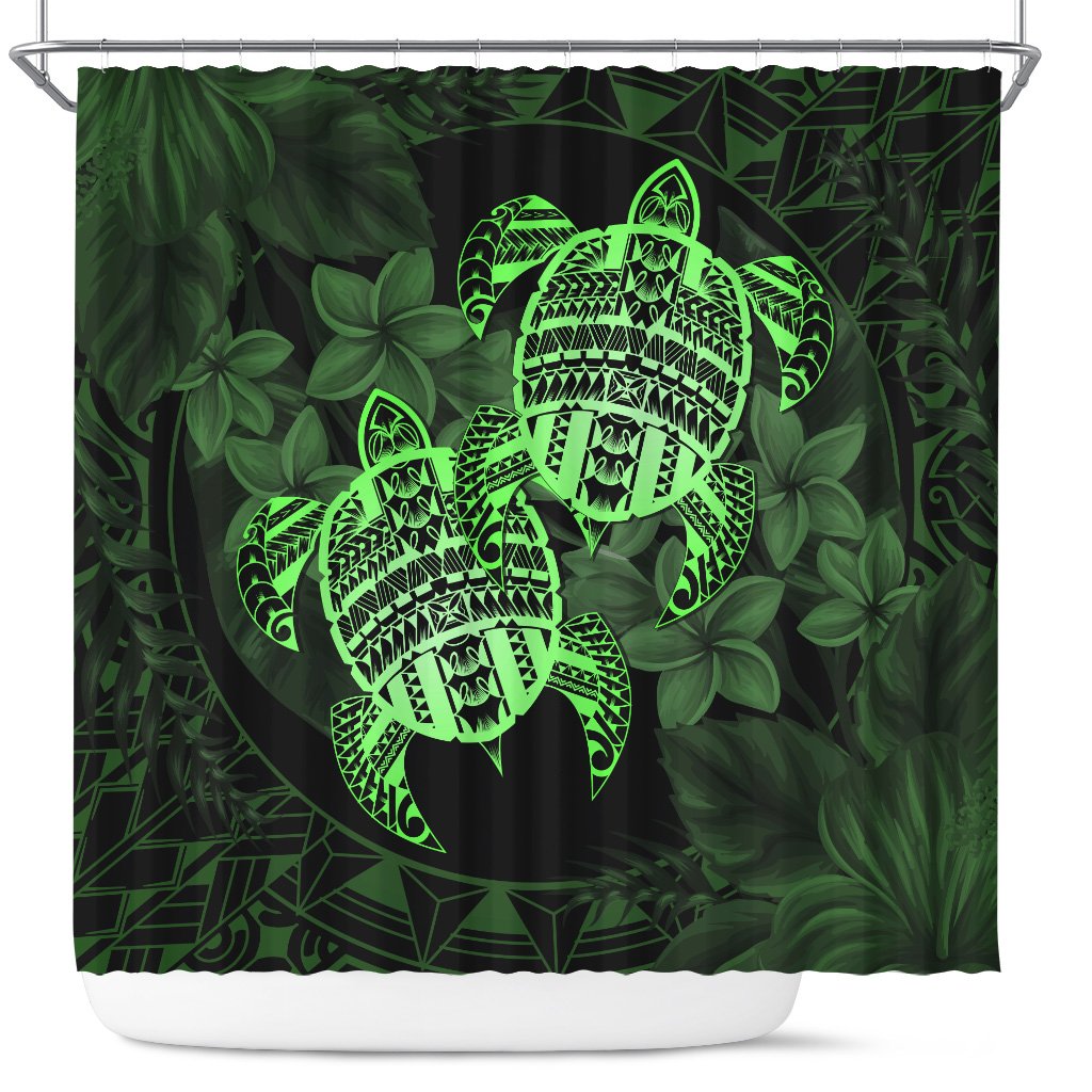 hawaiiShower Curtain - Turtle Strong Pattern Hibiscus Plumeria Green AH 177 x 172 (cm) Green - Polynesian Pride