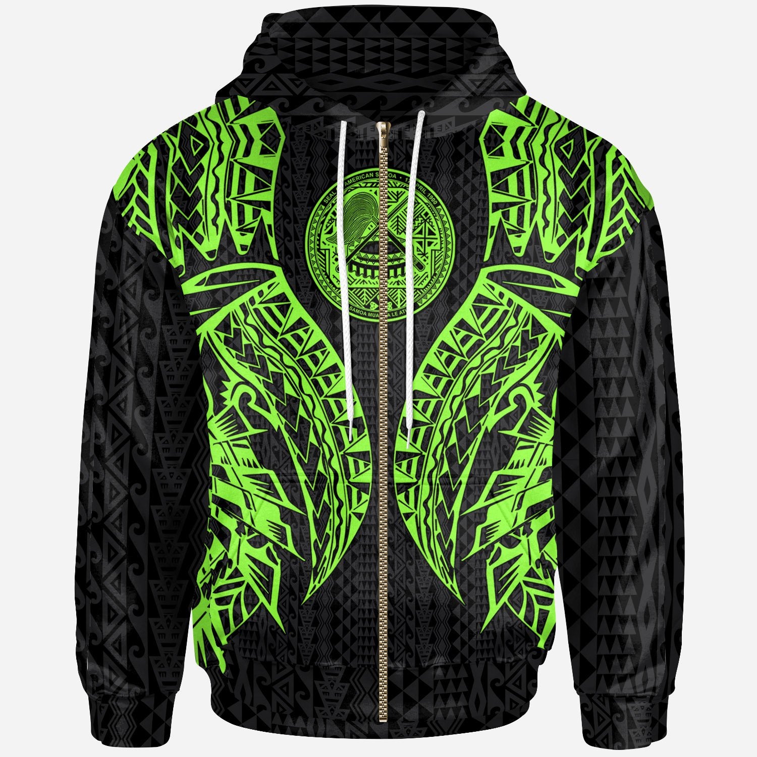 American Samoa Zip up Hoodie Polynesian Lion Head Green Style Unisex Green - Polynesian Pride