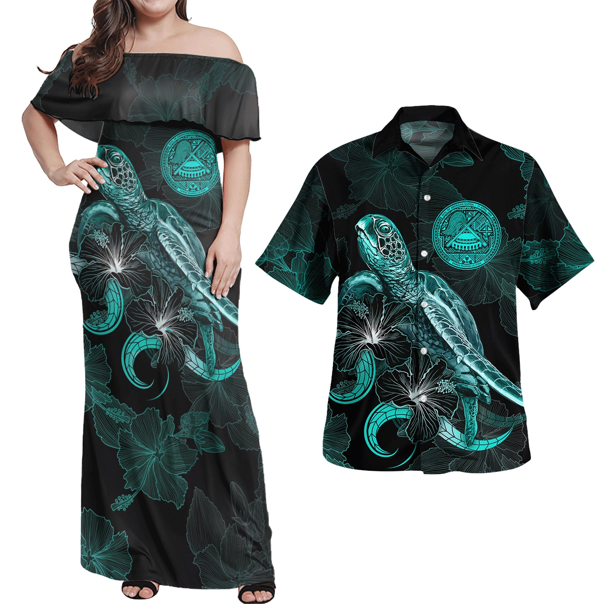 American Samoa Matching Dress and Hawaiian Shirt American Samoa Seal with with Turtle and Blooming Hibiscus Turquoise Turquoise - Polynesian Pride