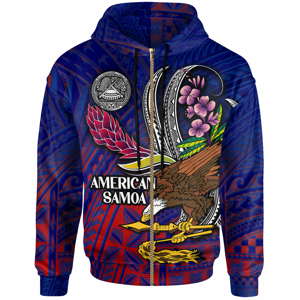 American Samoa Hoodie Custom Seal With National Flowers Polynesian Patterns LT10 - Polynesian Pride