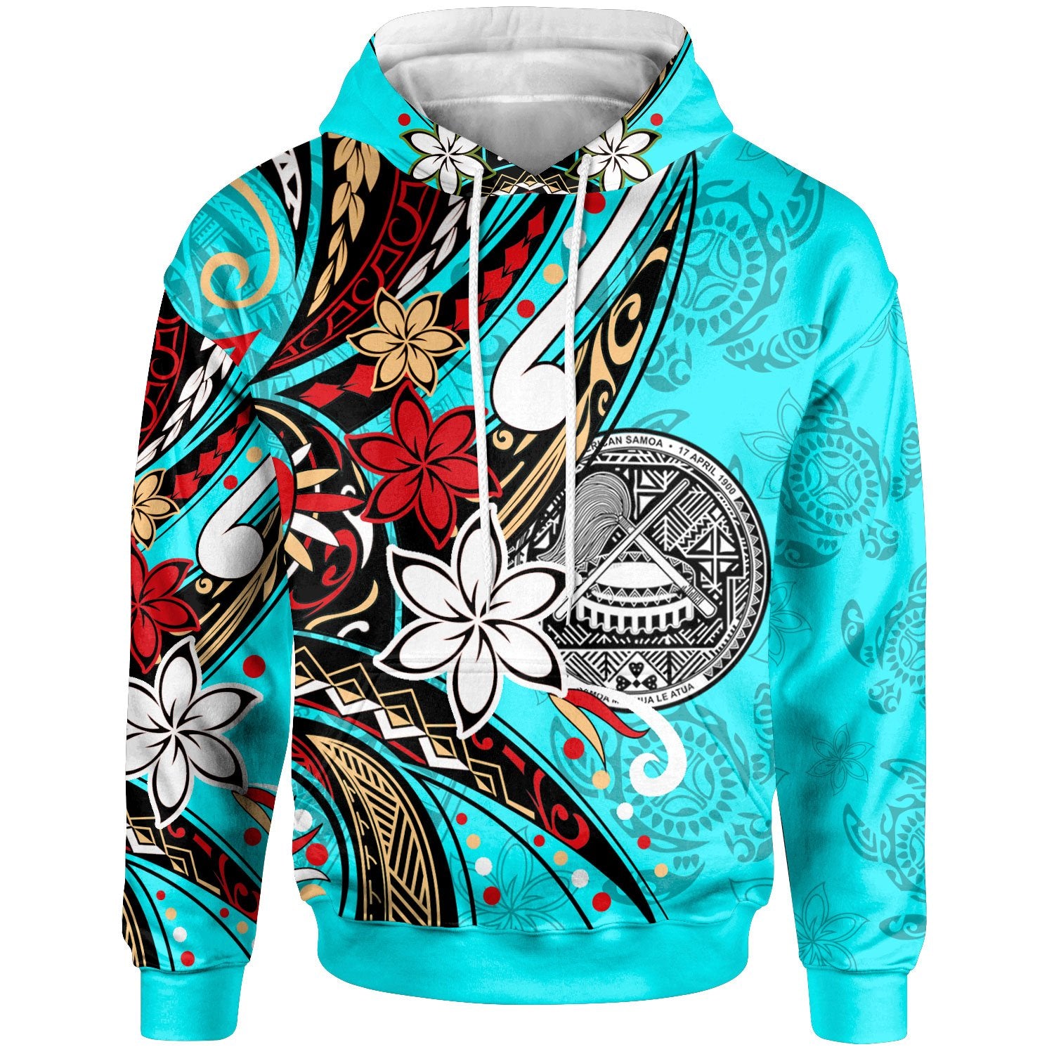 American Samoa Hoodie Tribal Flower With Special Turtles Blue Color Unisex Blue - Polynesian Pride