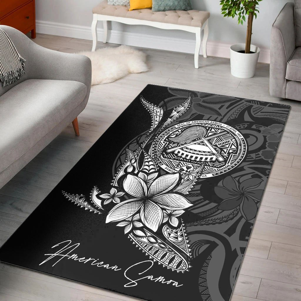 American Samoa Area Rug - Fish With Plumeria Flowers Style Black - Polynesian Pride