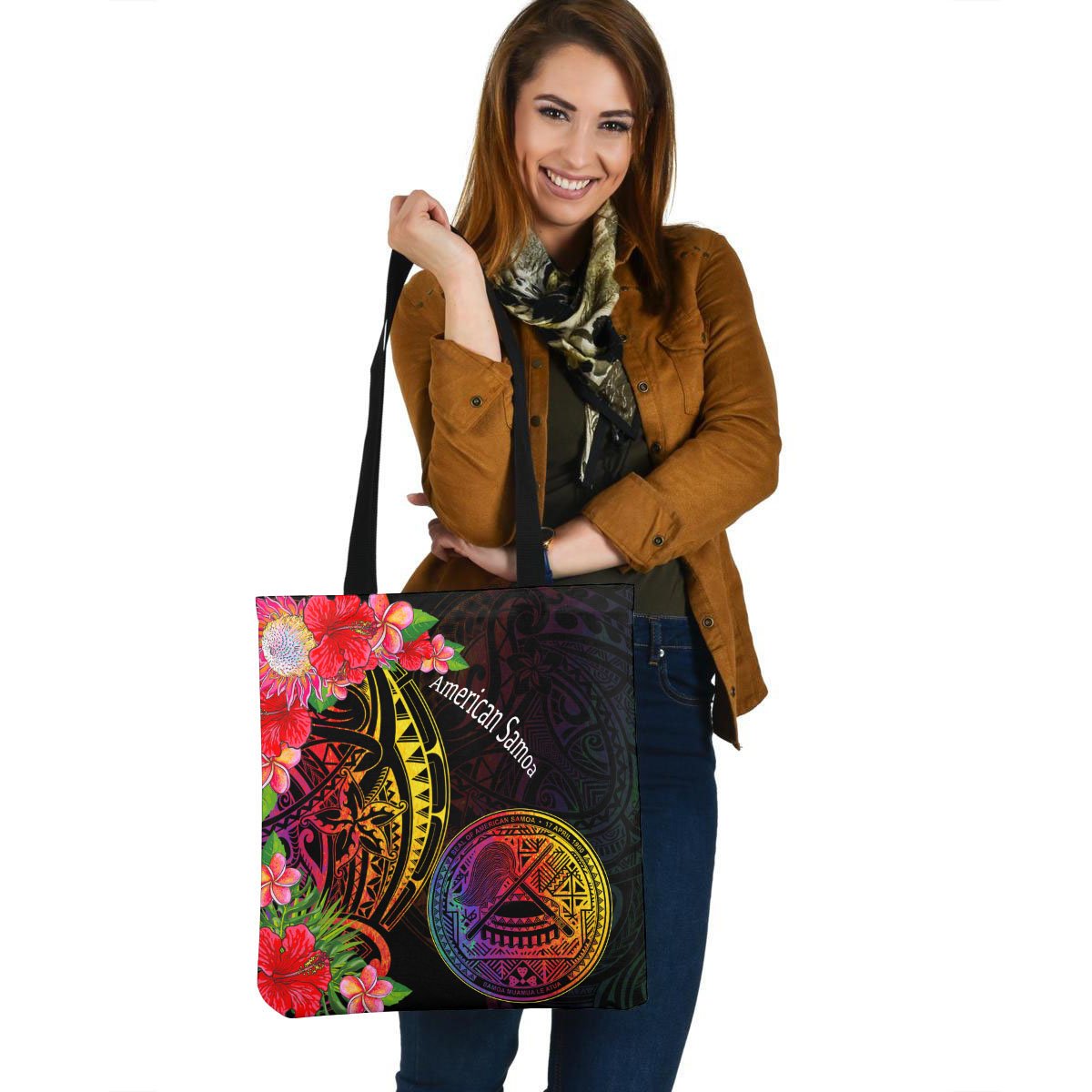 American Samoa Tote Bag - Tropical Hippie Style Tote Bag One Size Black - Polynesian Pride