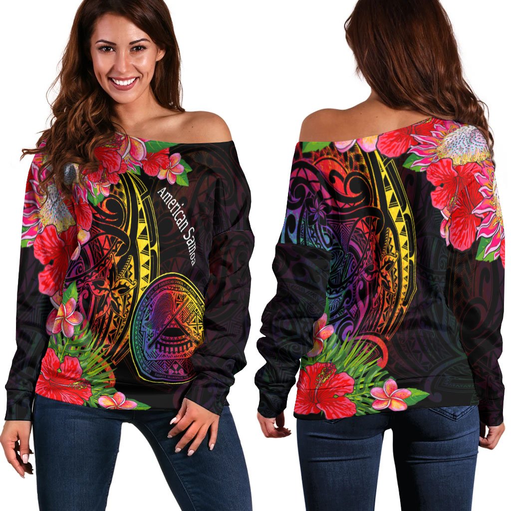 American Samoa Women's Off Shoulder Sweater - Tropical Hippie Style Black - Polynesian Pride