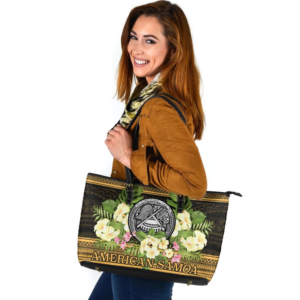 American Samoa Leather Tote - Polynesian Gold Patterns Collection Black - Polynesian Pride