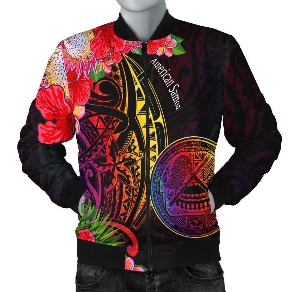 American Samoa Men's Bomber Jacket - Tropical Hippie Style Black - Polynesian Pride