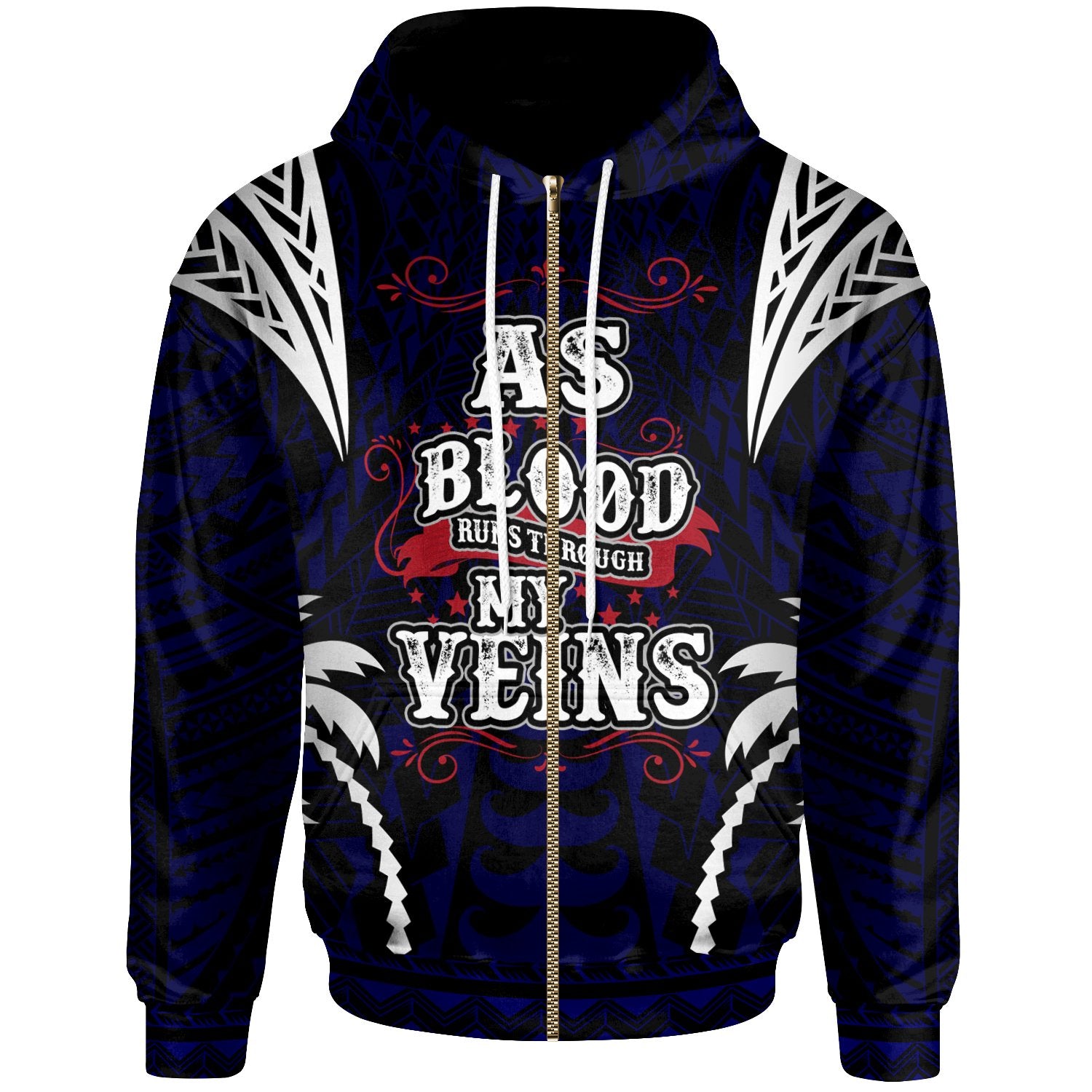 American Samoa Zip up Hoodie Blood Runs Through My Veins Style Flag Unisex Blue - Polynesian Pride