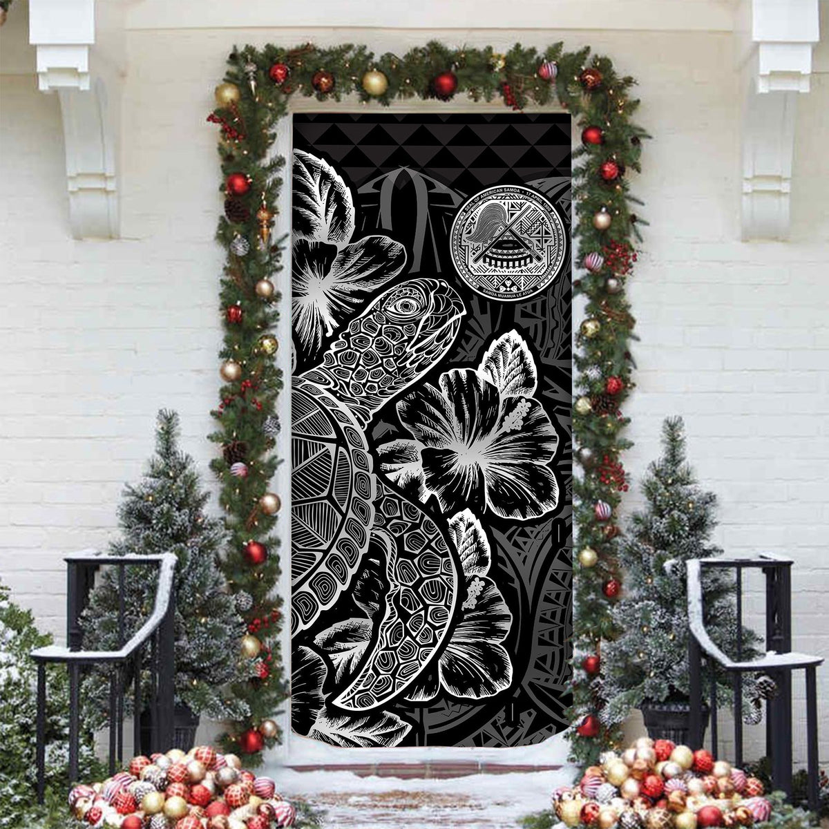 American Samoa Door Cover Turtle Hibiscus Black - Polynesian Pride
