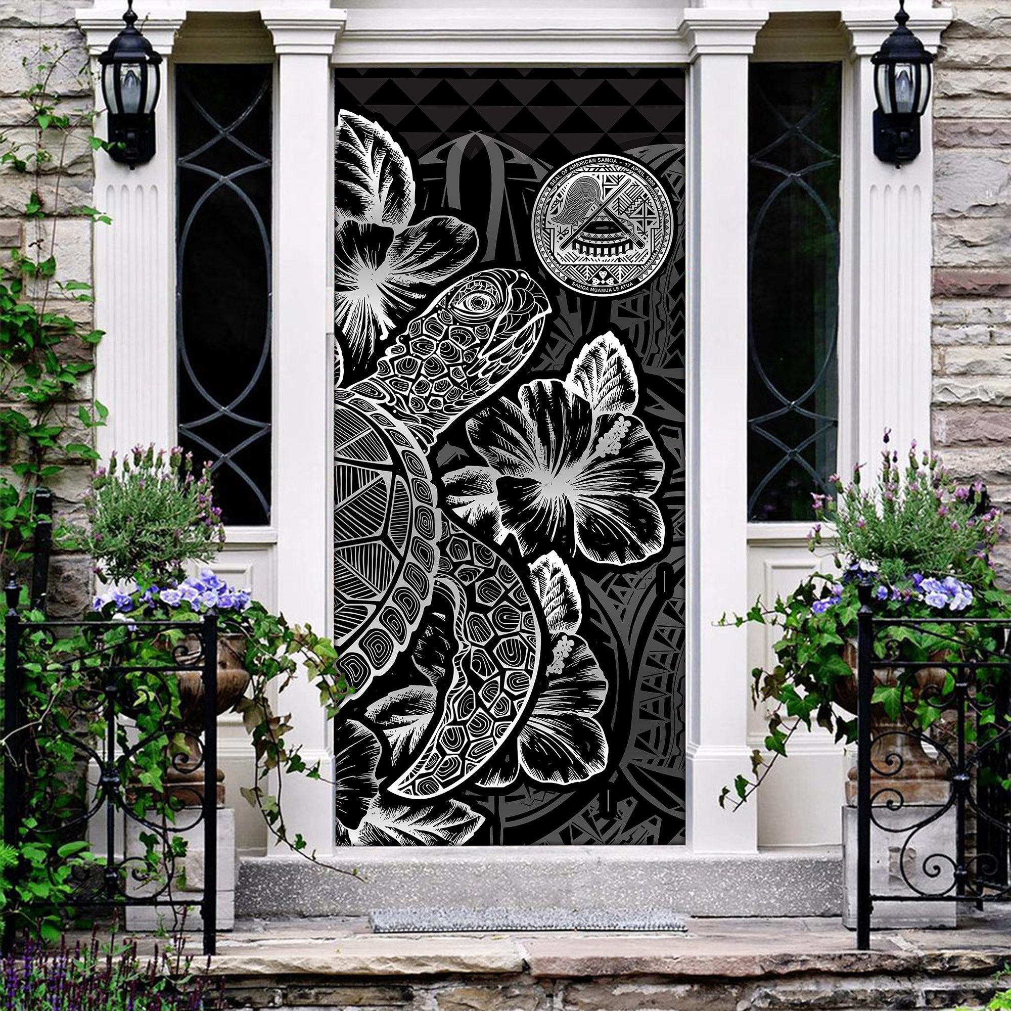 American Samoa Door Cover Turtle Hibiscus Black - Polynesian Pride