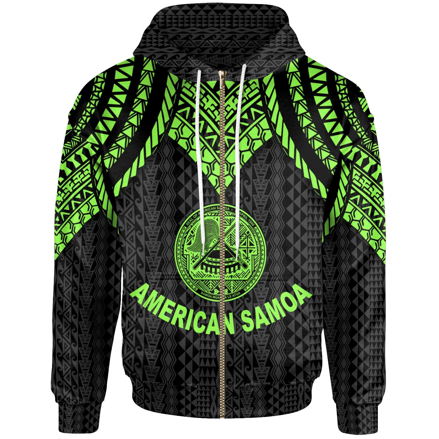 American Samoa Zip up Hoodie Polynesian Armor Style Green Unisex Green - Polynesian Pride