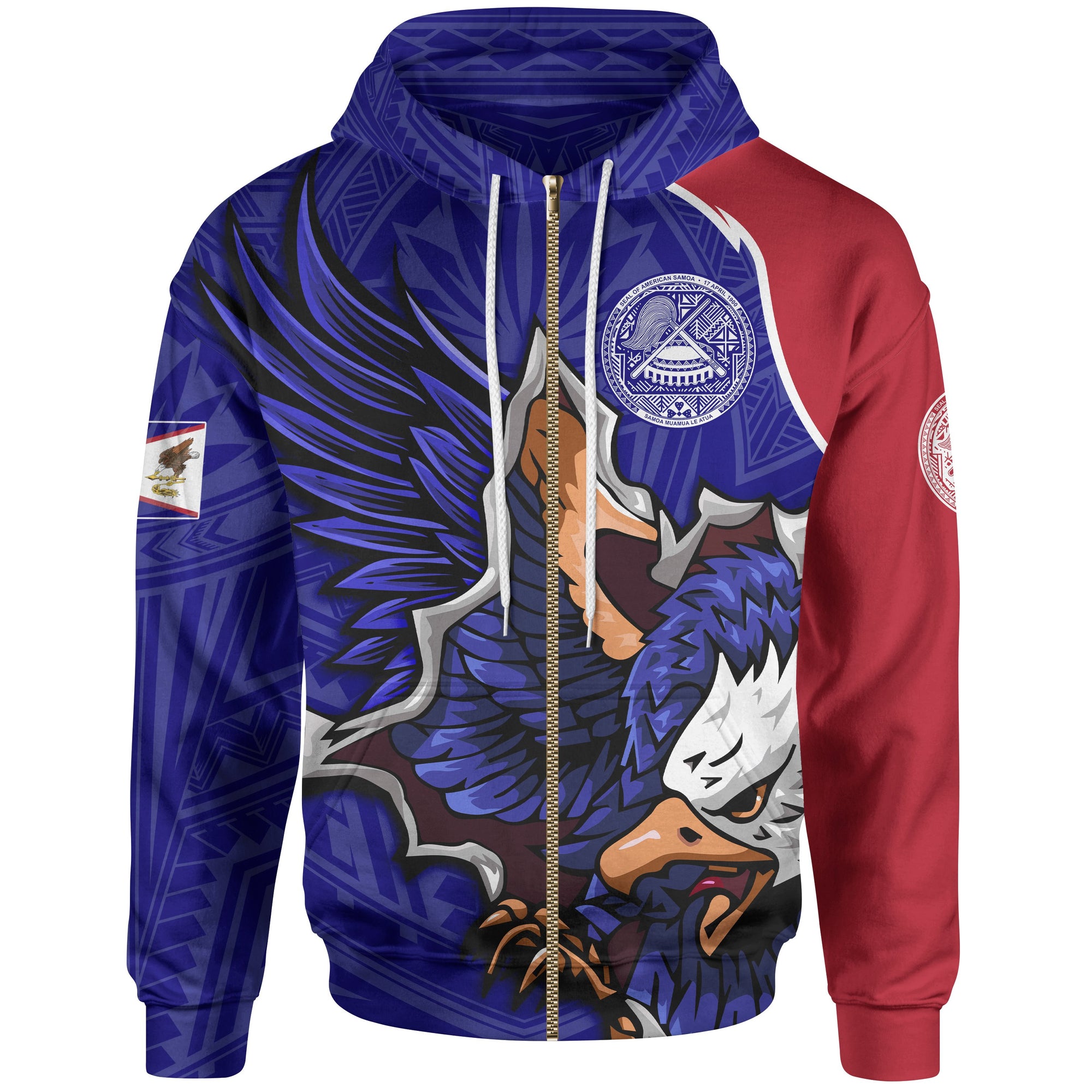 American Samoa Zip Hoodie Eagle Style Polynesian Patterns Unisex Blue - Polynesian Pride