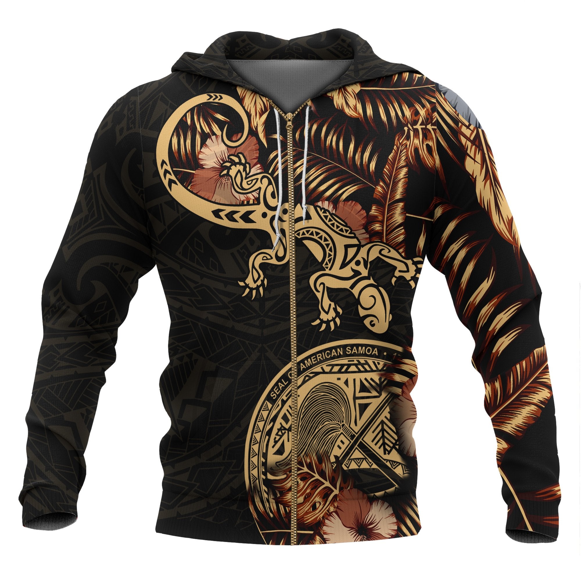 American Samoa Zip up Hoodie Lizard Lucky Unisex Black - Polynesian Pride