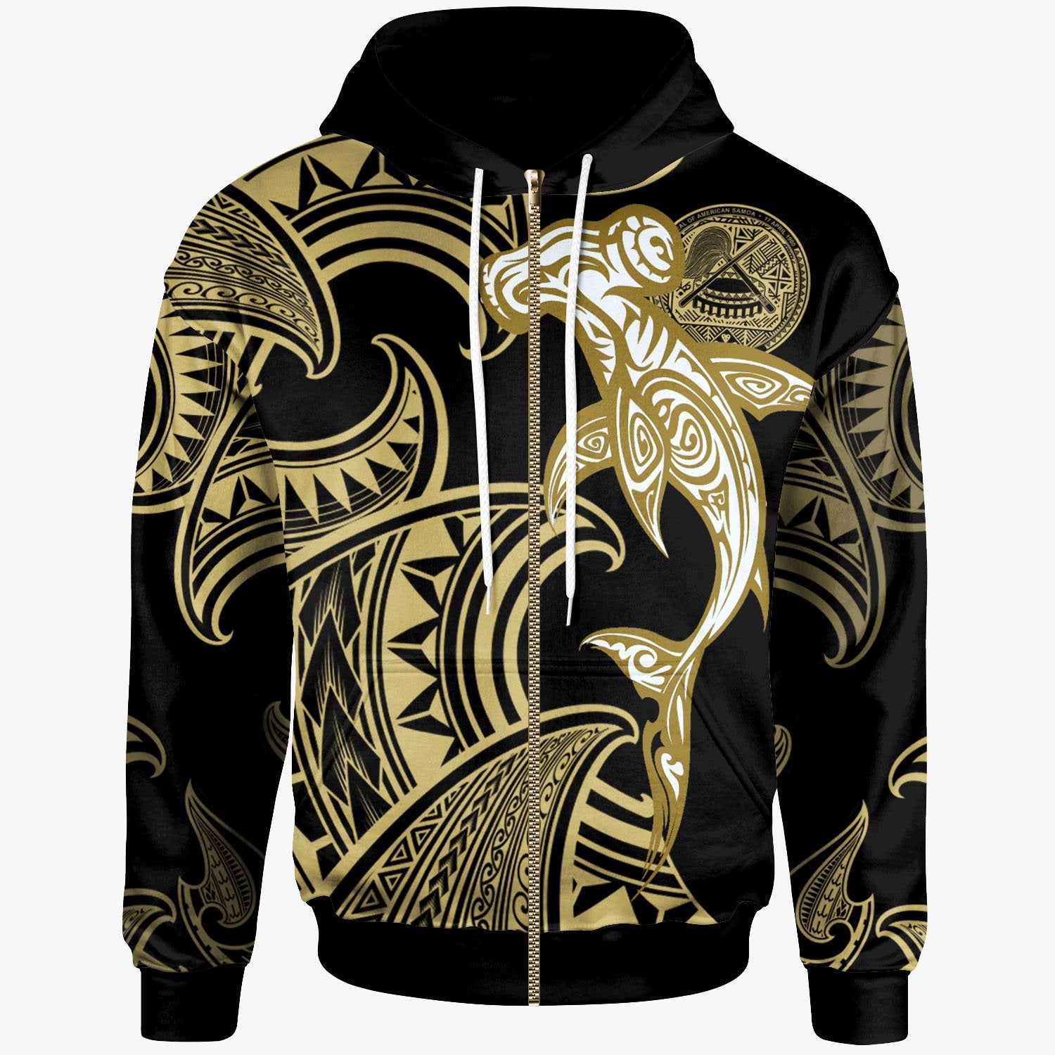 American Samoa Zip Hoodie Hammerhead Shark Tribal Pattern Unisex Gold - Polynesian Pride