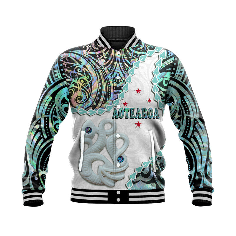 (Custom Personalised) New Zealand Maori Baseball Jacket Aotearoa Manaia Basic Paua Shell LT9 Unisex White - Polynesian Pride