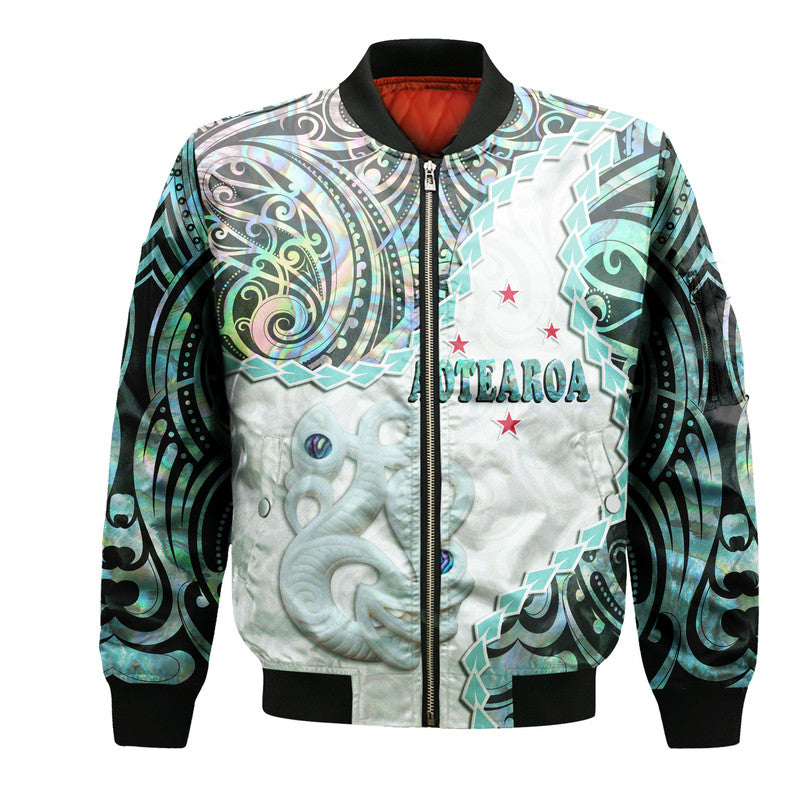 New Zealand Maori Bomber Jacket Aotearoa Manaia Basic Paua Shell - Kia Ora LT9 Unisex White - Polynesian Pride