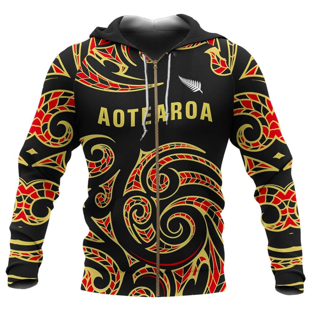 Aotearoa Zip up Hoodie Maori Unisex Black - Polynesian Pride