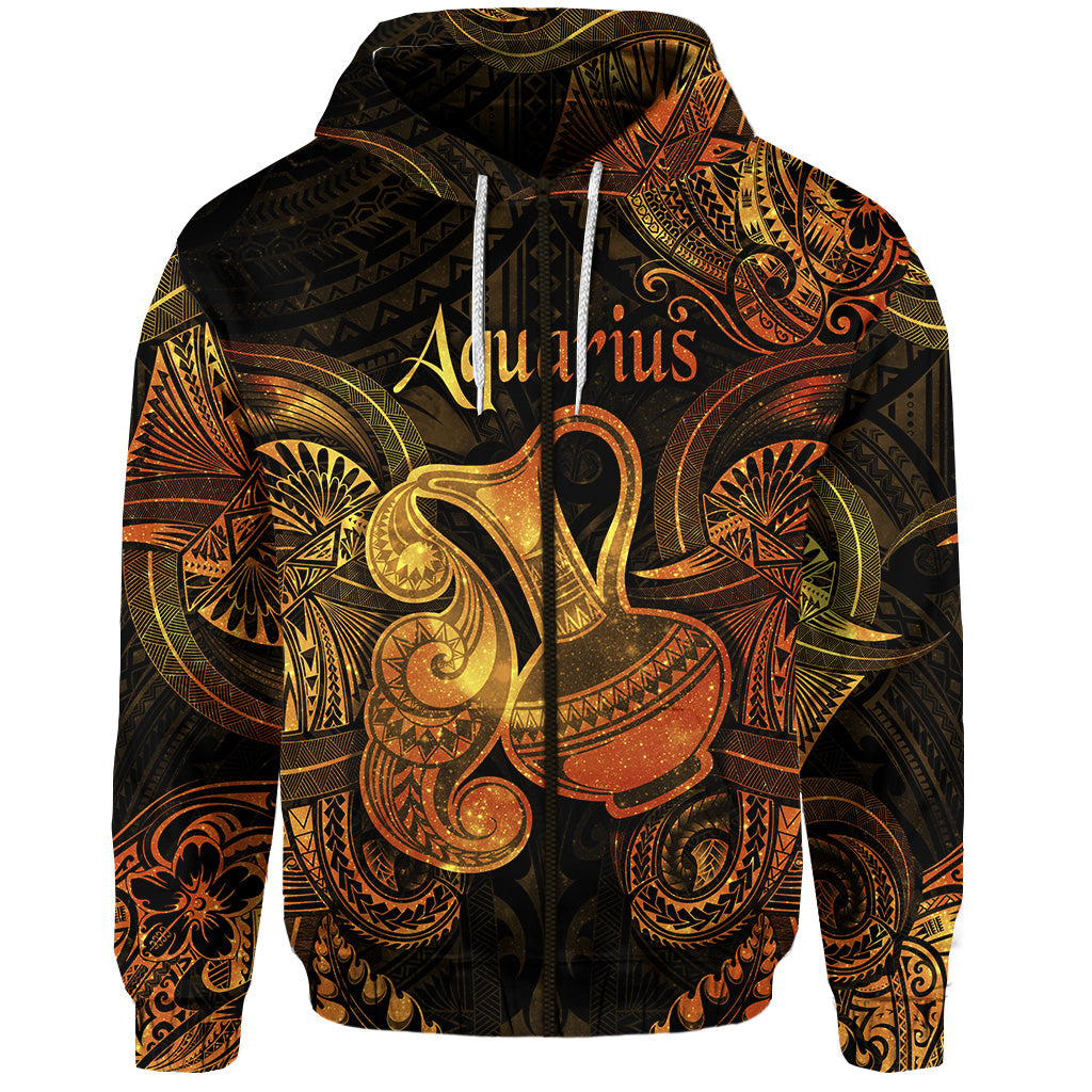 Custom Aquarius Zodiac Polynesian Zip Hoodie Unique Style Gold LT8 - Polynesian Pride