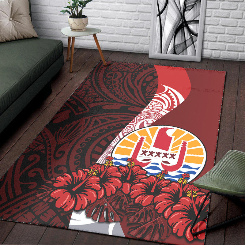 Tahiti Area Rug Polynesian Coat Of Arm With Hibiscus LT9 Red - Polynesian Pride