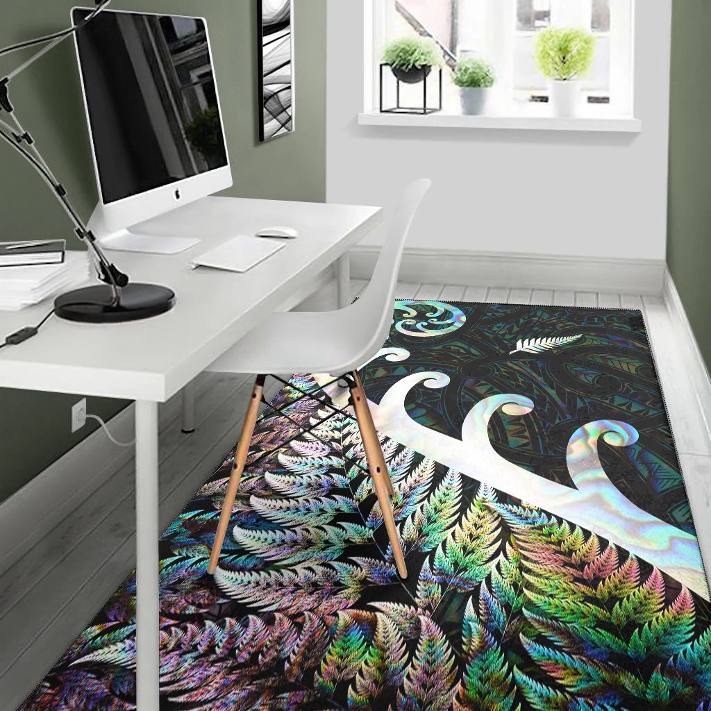 New Zealand Rugby Maori Area Rug Silver Fern Koru Vibes - Paua Shell LT8 - Polynesian Pride