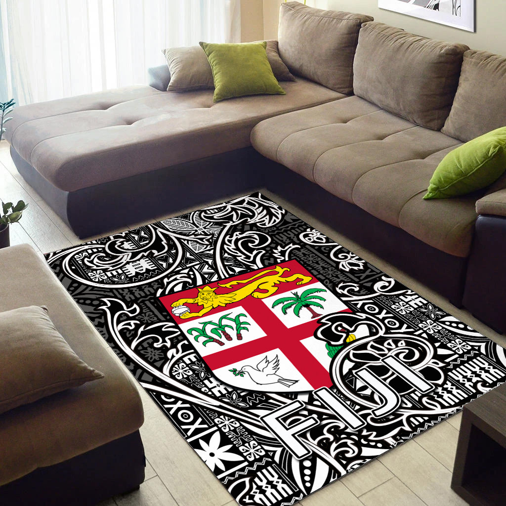 Fiji Area Rug Tapa Patterns White And Black Style LT6 - Polynesian Pride