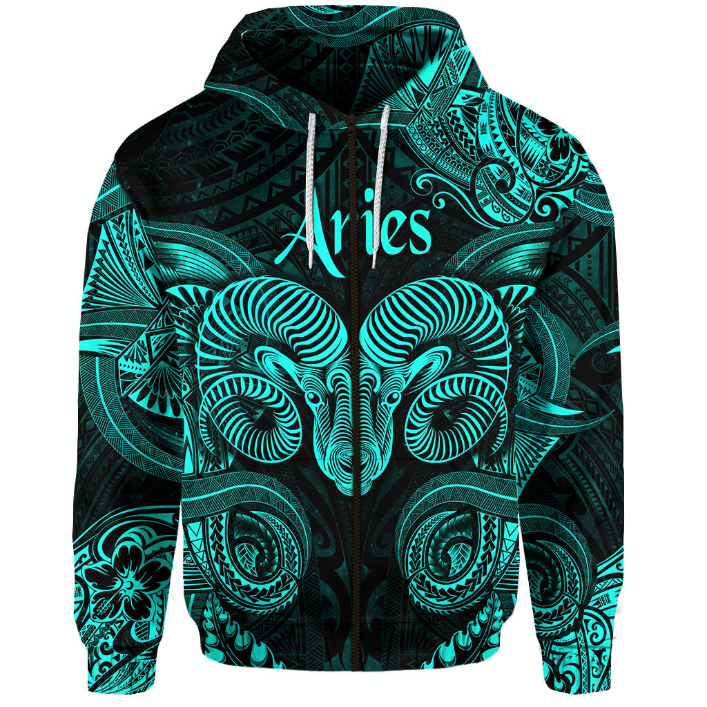 Custom Aries Zodiac Polynesian Zip Hoodie Unique Style Turquoise LT8 - Polynesian Pride