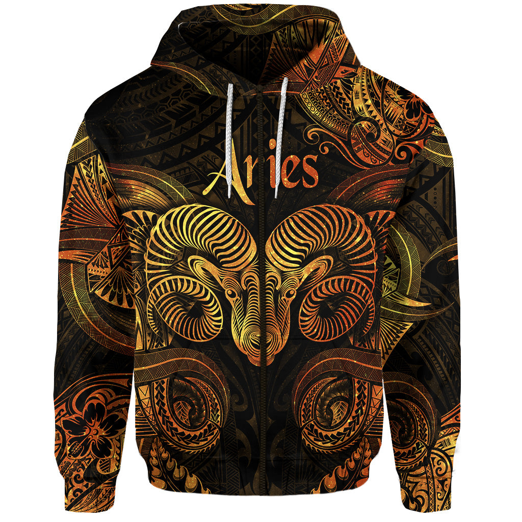 Custom Aries Zodiac Polynesian Zip Hoodie Unique Style Gold LT8 - Polynesian Pride