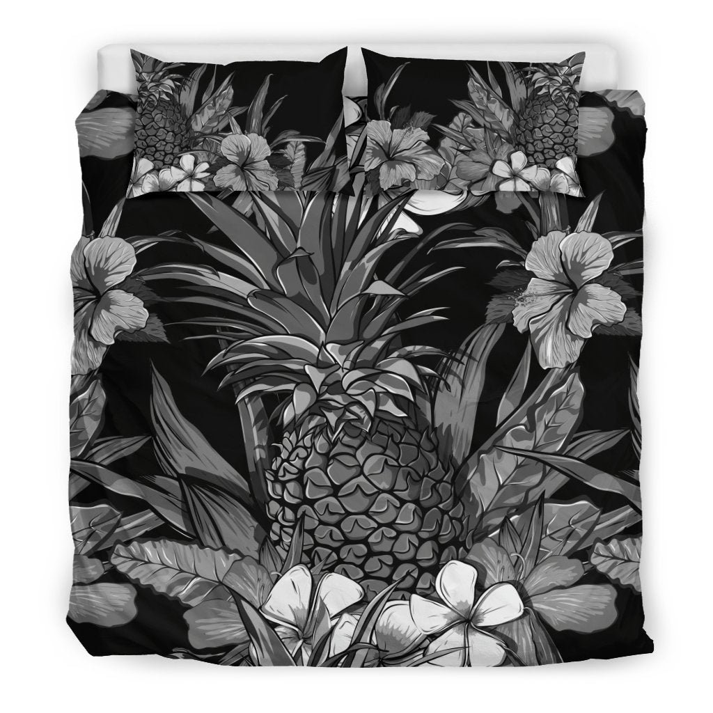 Hawaiian Duvet Cover Set - Hibiscus And Pineapple In BW Style - Polynesian Pride