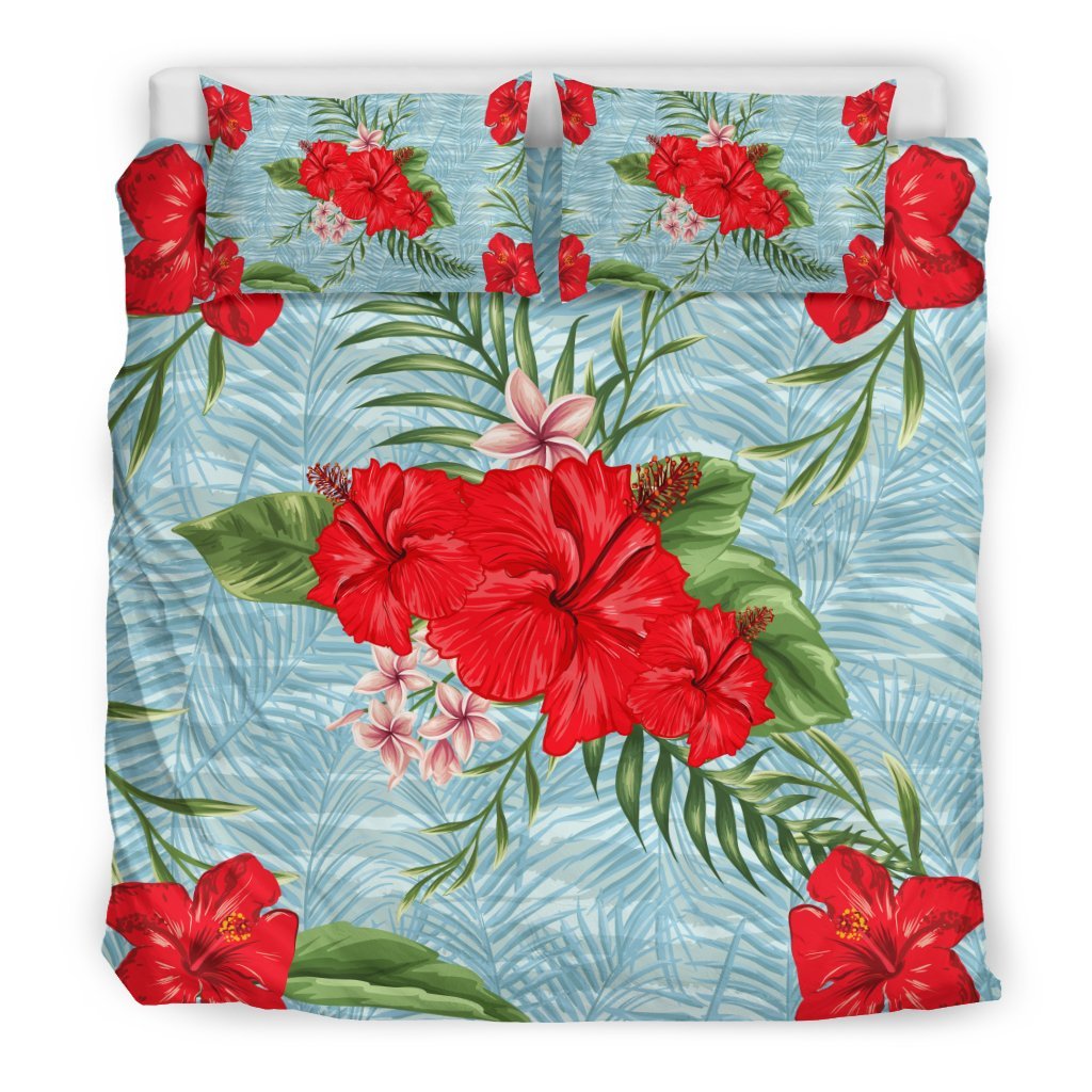 Hawaii Duvet Cover Set - Red Hibiscus Plumeria Palm Black - Polynesian Pride